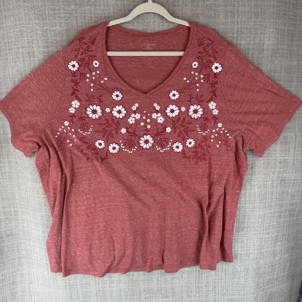 Catherines T-Shirt Womens 3X Red V-Neck Floral Embroidered Jersey Pullover